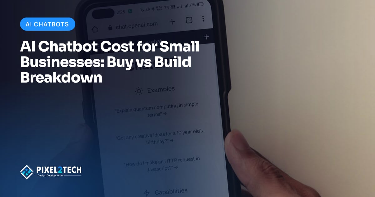 Website chat widget answering a customer question, next to a cost worksheet comparing SaaS and custom chatbot options