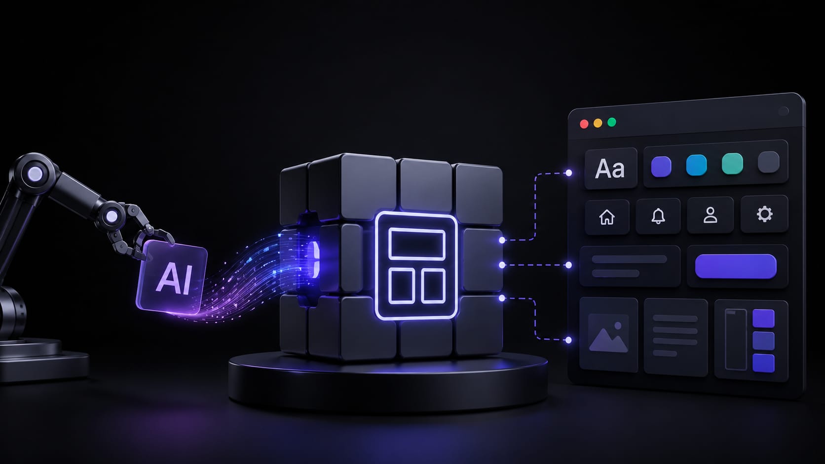 Modern digital design system interface with AI conceptual elements Modern digital design system interface with AI conceptual elements