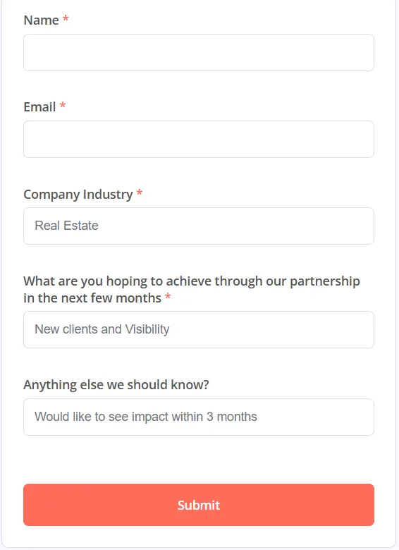 AI client intake with a personalized welcome: The intake form from a test run, with the name and email fields cleared.