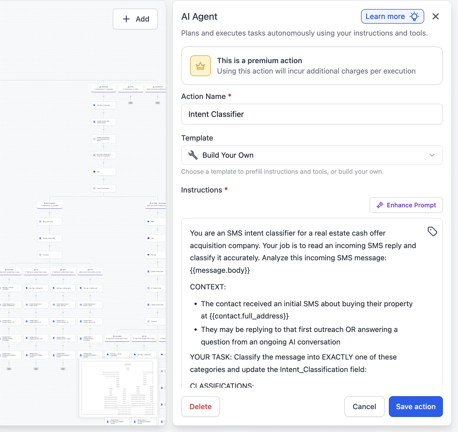 AI SMS lead vetting with scoring and call rounds: The AI agent step that classifies each incoming SMS reply into a single intent category.