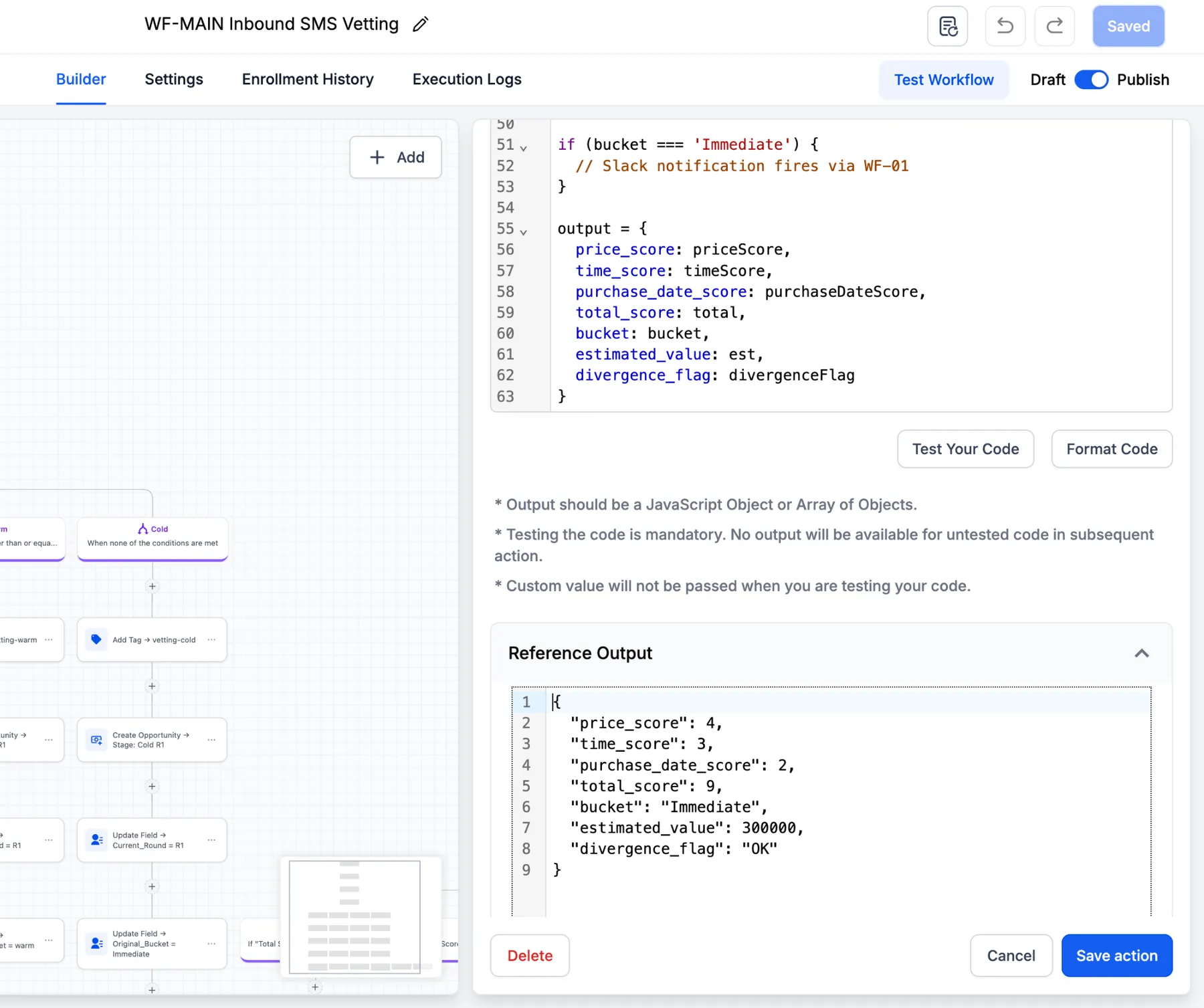 AI SMS lead vetting with scoring and call rounds: The scoring code step and its reference output: price, timeline and purchase date scores, total, bucket and divergence flag.