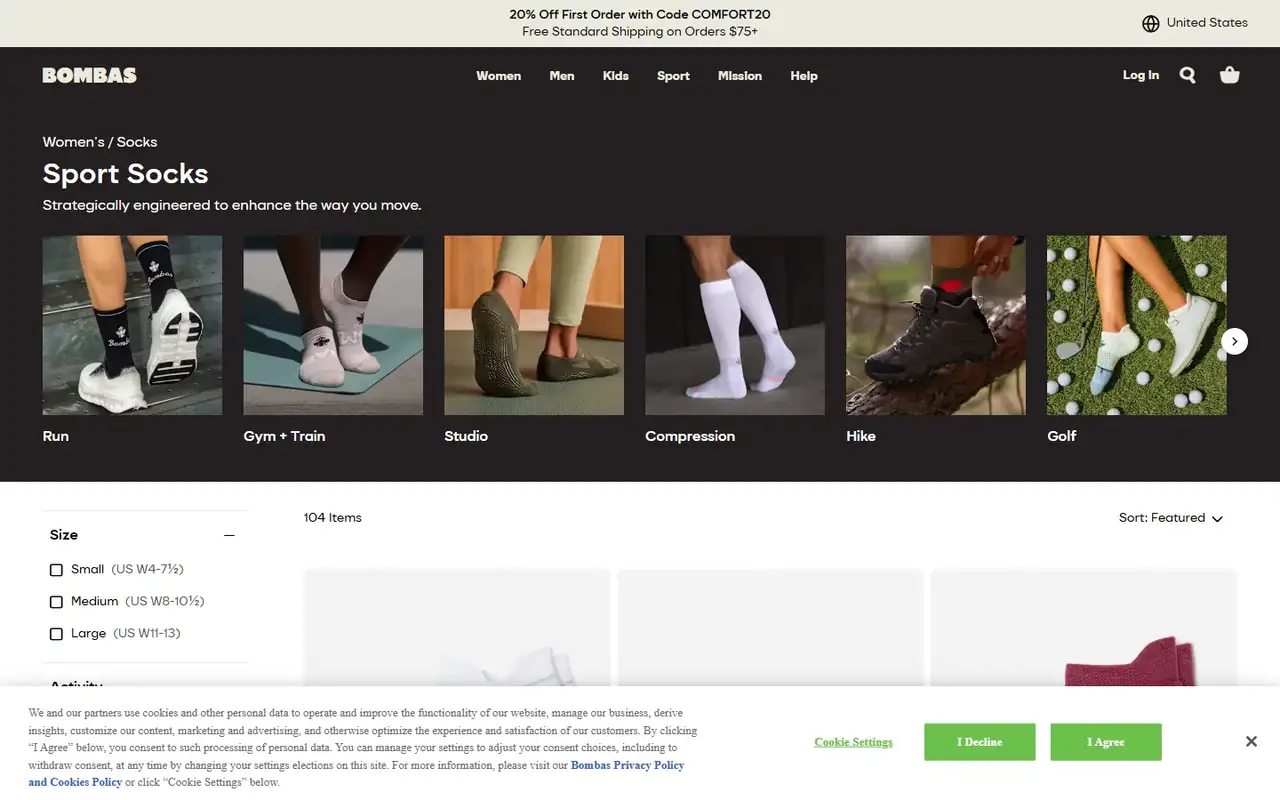 Bombas store, page 2 on desktop