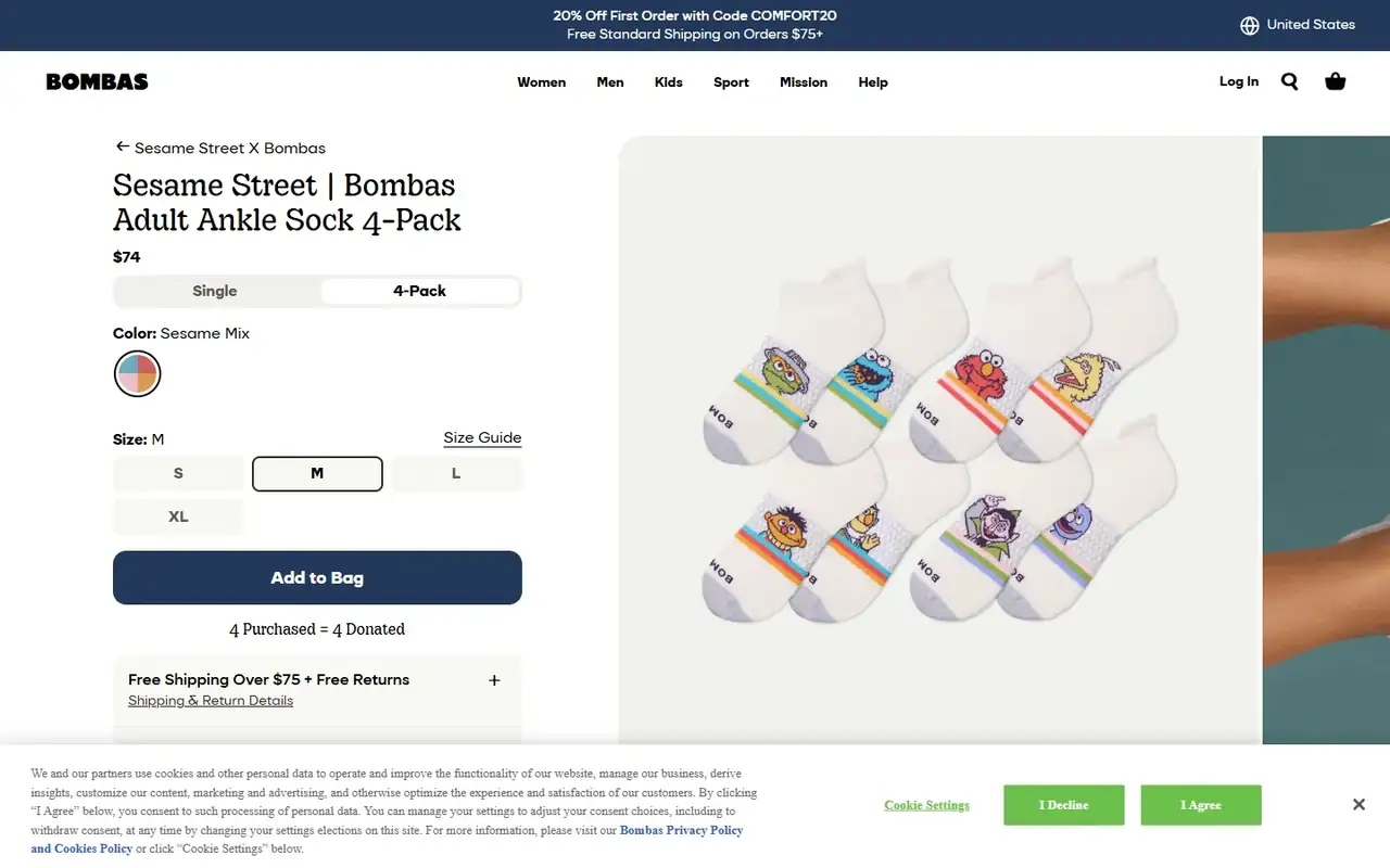 Bombas store, page 3 on desktop