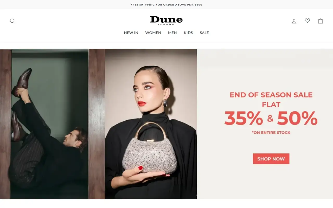 Dune London Pakistan store homepage on desktop