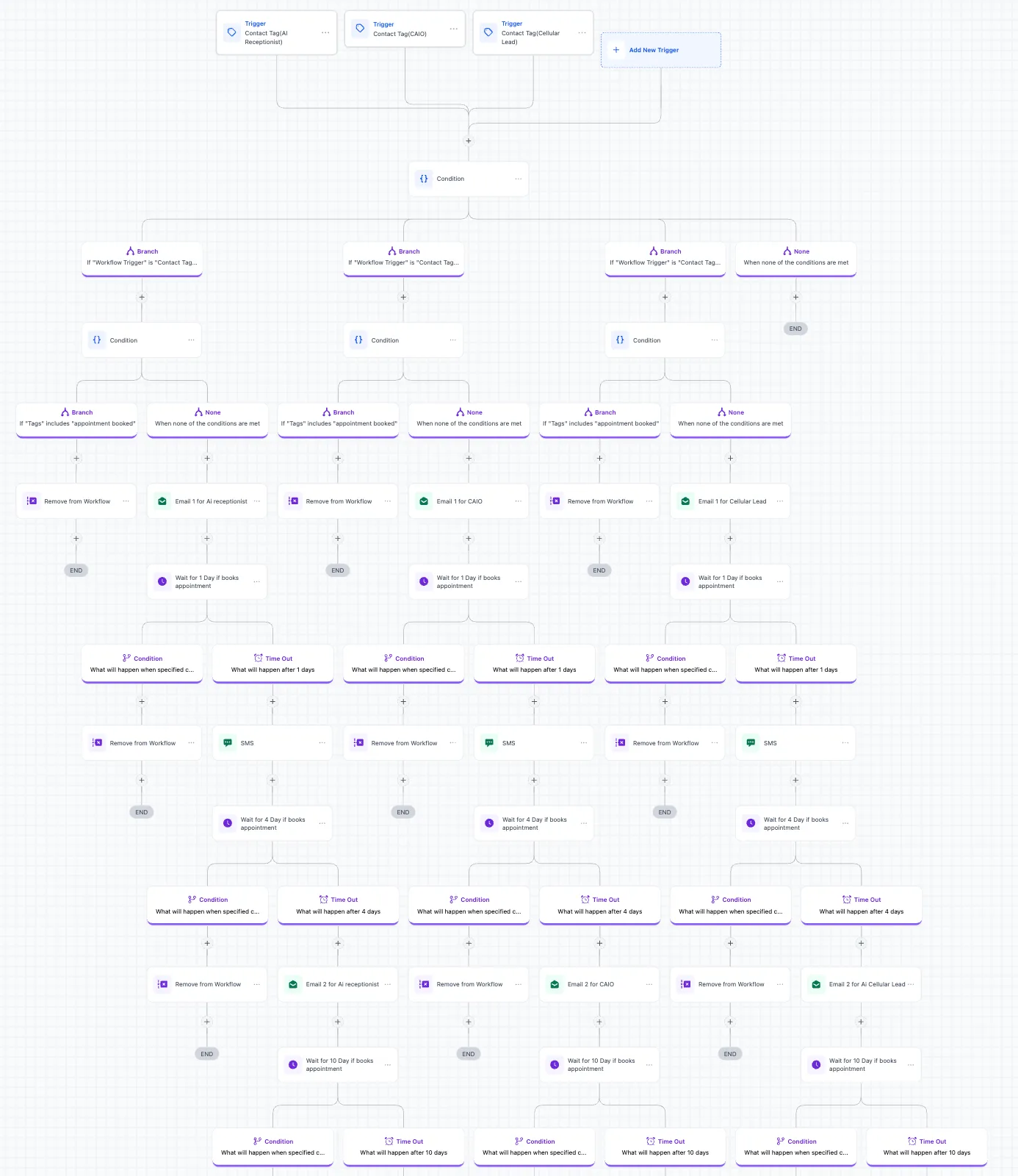 Tag-based email and SMS nurture until a call is booked: The GoHighLevel nurture workflow: three tag triggers, a branch per product, then email, SMS and waits with a booking check at each step.