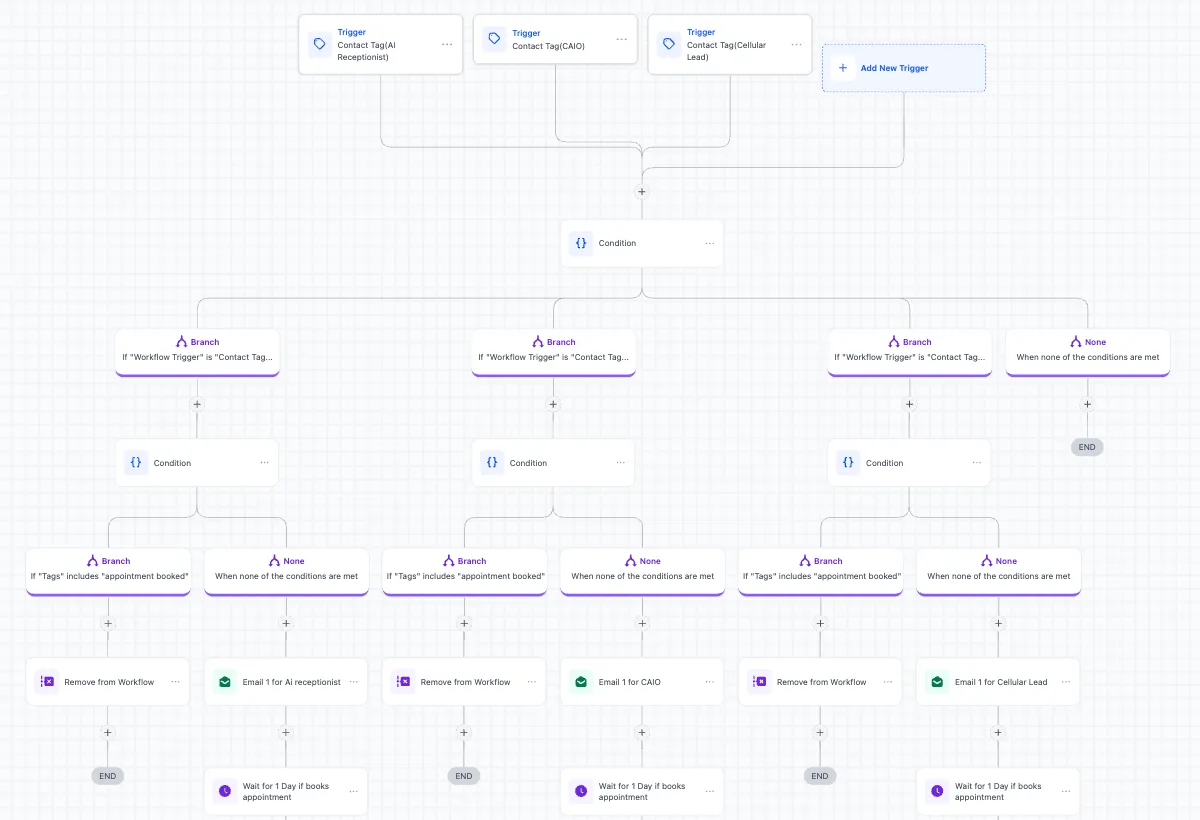Tag-based email and SMS nurture until a call is booked: The top of the workflow: tag triggers, the product condition, and the appointment booked check before the first email.