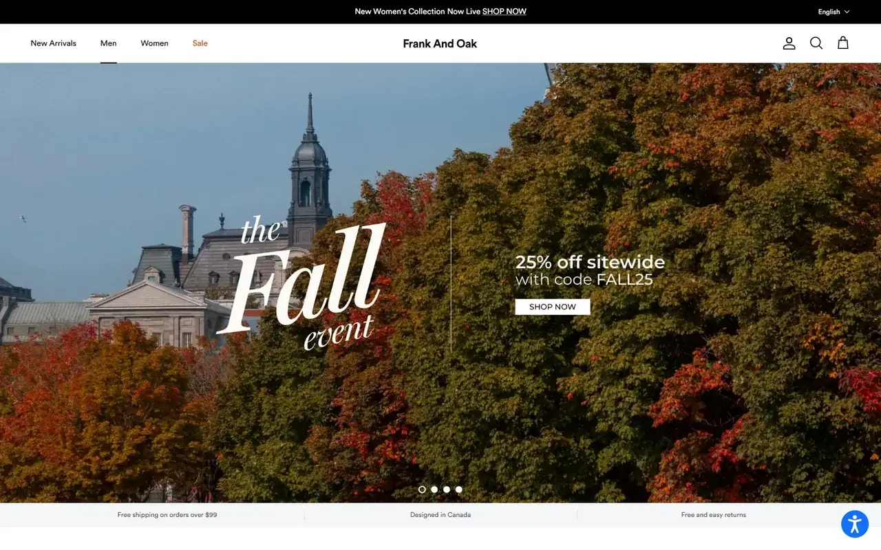 Frank And Oak store homepage on desktop
