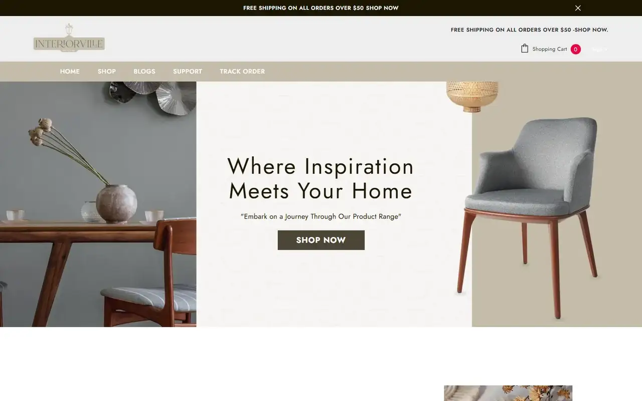 Interior Ville store homepage on desktop