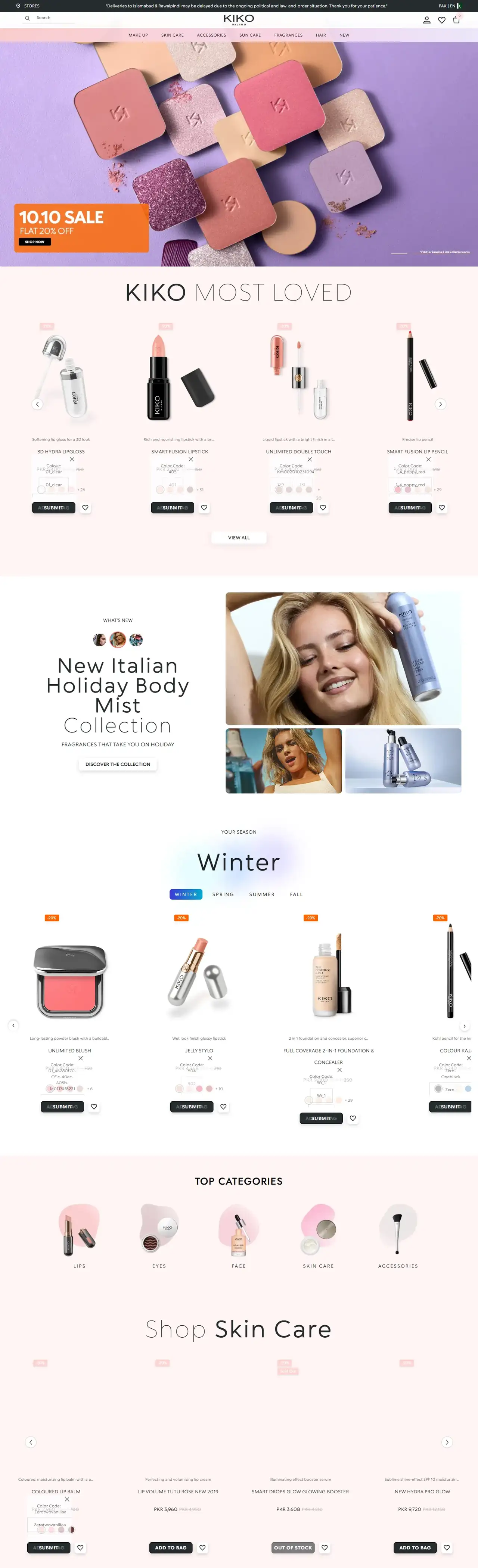 KIKO Milano Pakistan full homepage on desktop