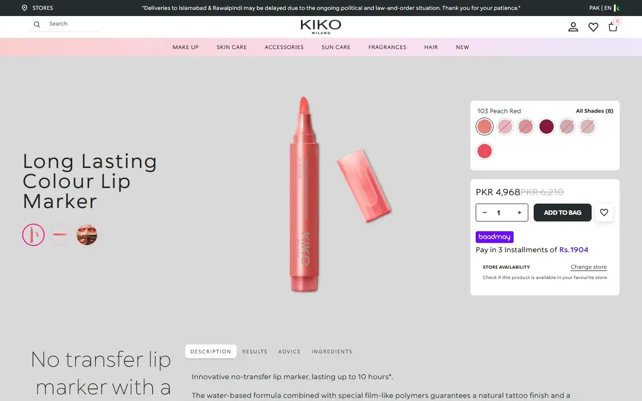 KIKO Milano Pakistan store, page 2 on desktop