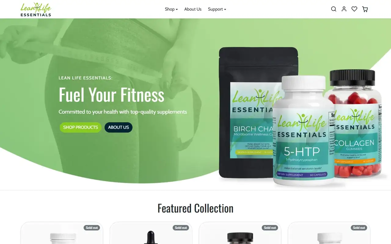 Lean Life Essentials store homepage on desktop
