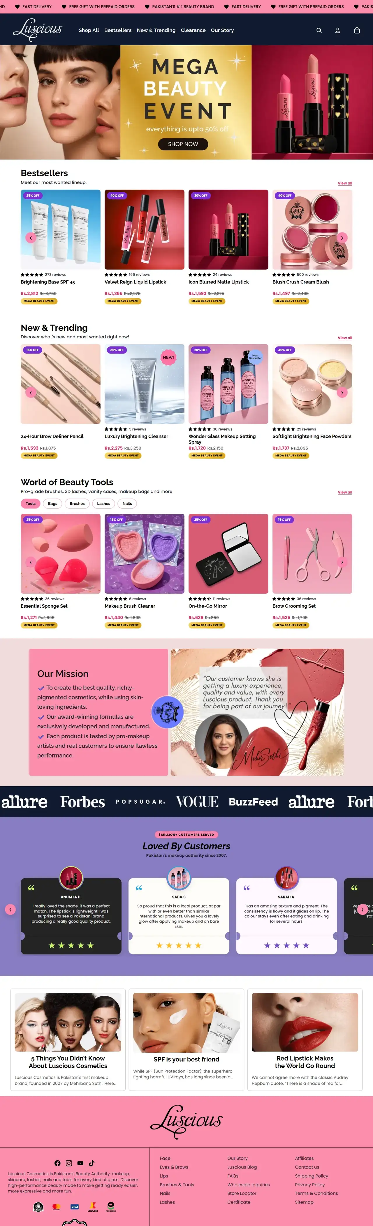 Luscious Cosmetics full homepage on desktop