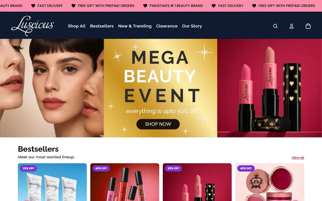 Luscious Cosmetics store homepage on desktop