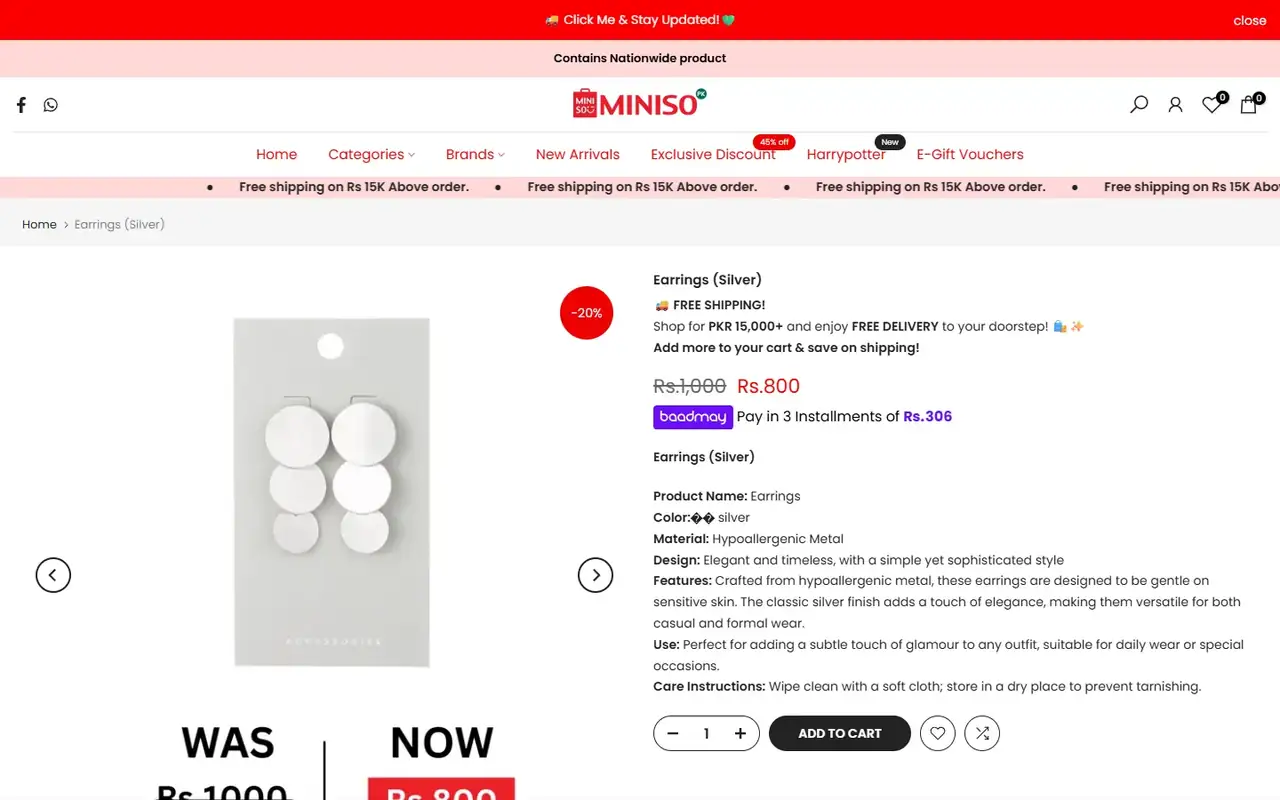 Miniso Pakistan store, page 3 on desktop