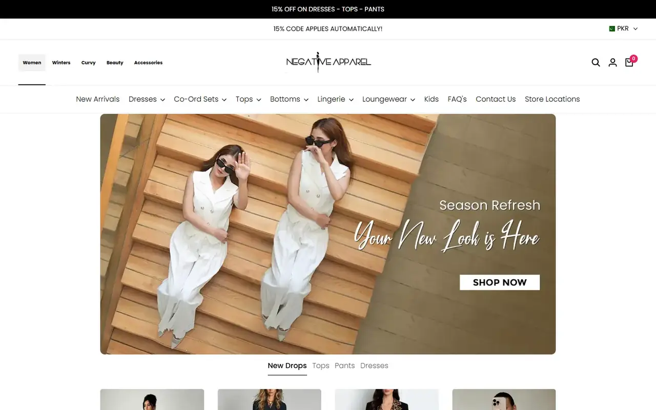 Negative Apparel store homepage on desktop