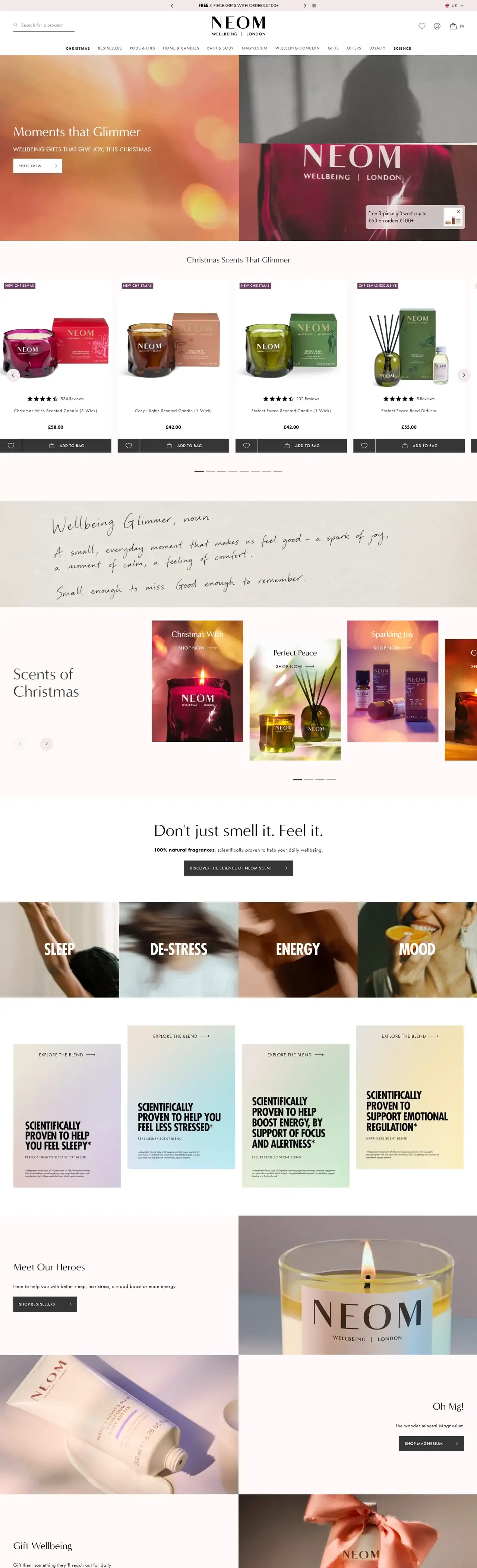 NEOM Wellbeing full homepage on desktop
