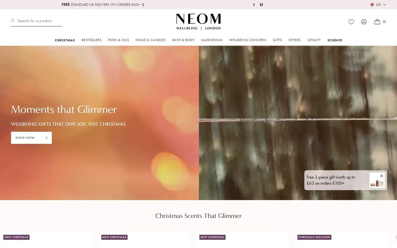 NEOM Wellbeing store homepage on desktop