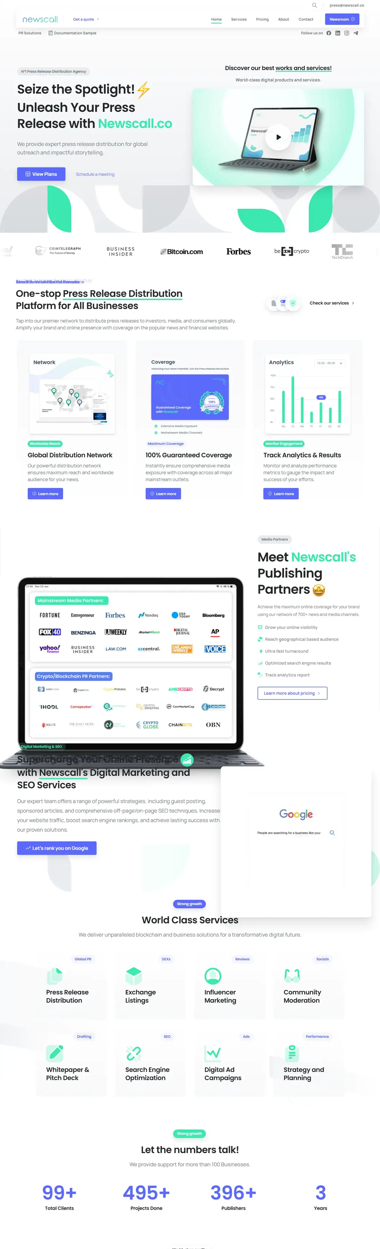 Newscall full homepage on desktop