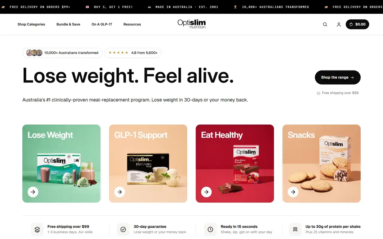 Optislim store homepage on desktop