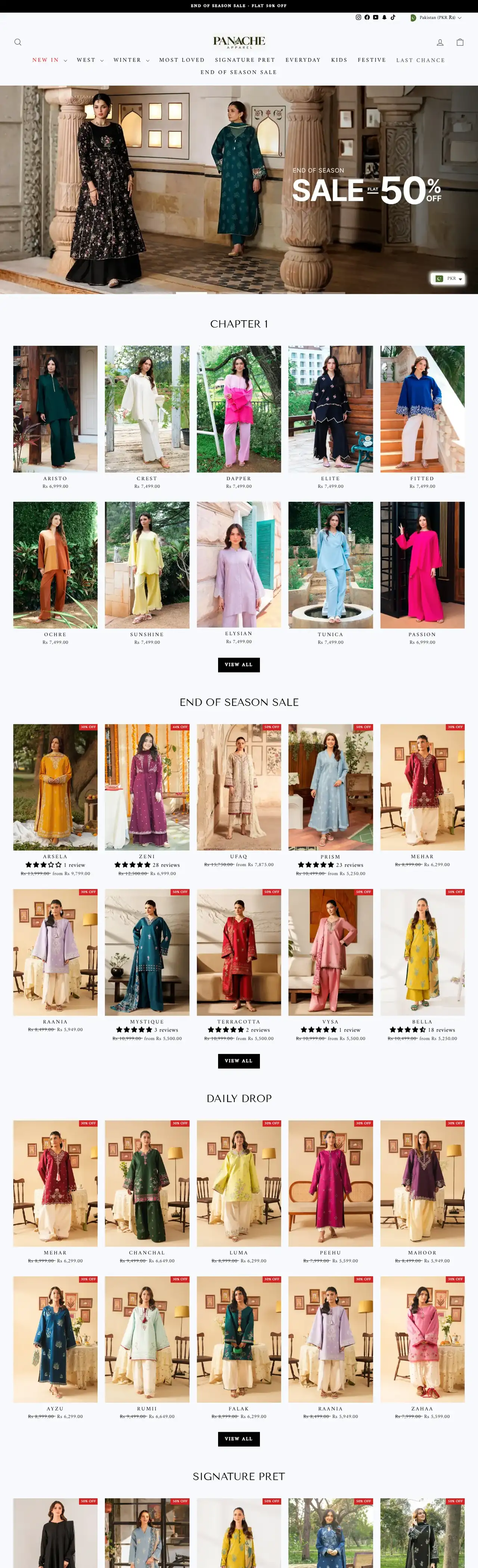 Panache Apparel full homepage on desktop