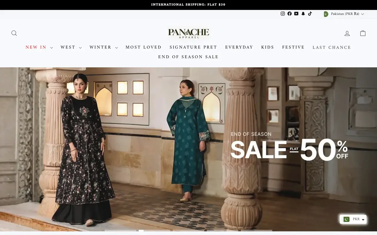 Panache Apparel store homepage on desktop