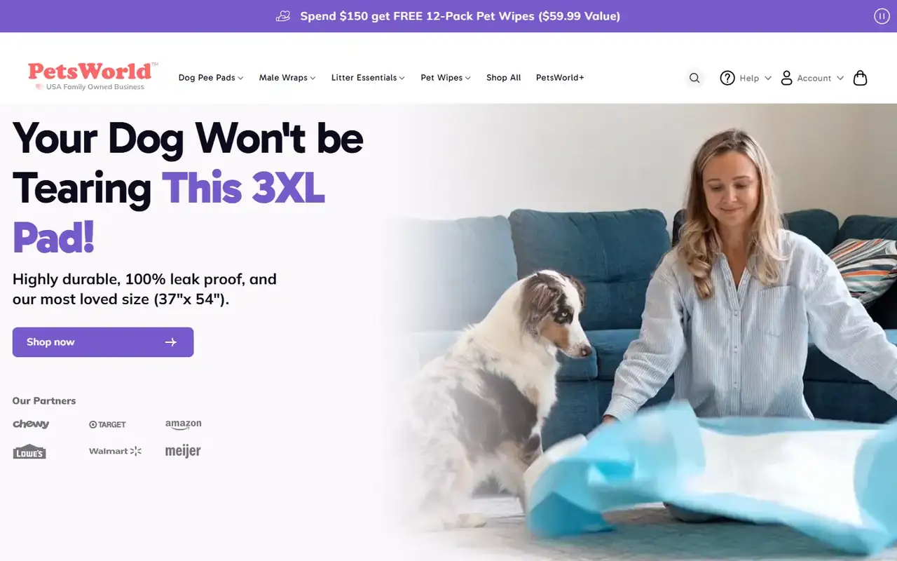 PetsWorld store homepage on desktop