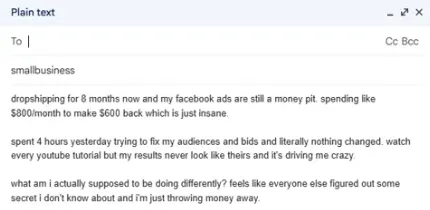Reddit market research agent with sentiment routing: A negative-sentiment post saved as a Gmail draft for manual follow-up.
