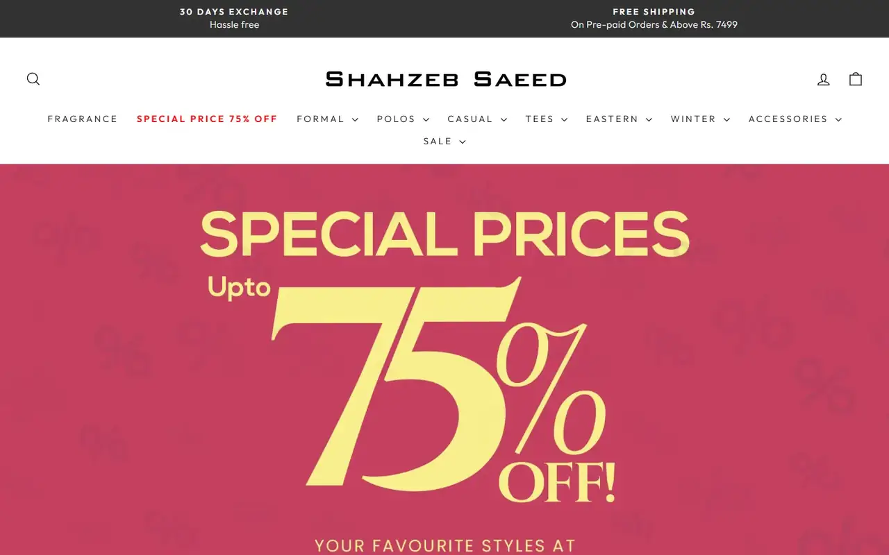 Shahzeb Saeed store homepage on desktop