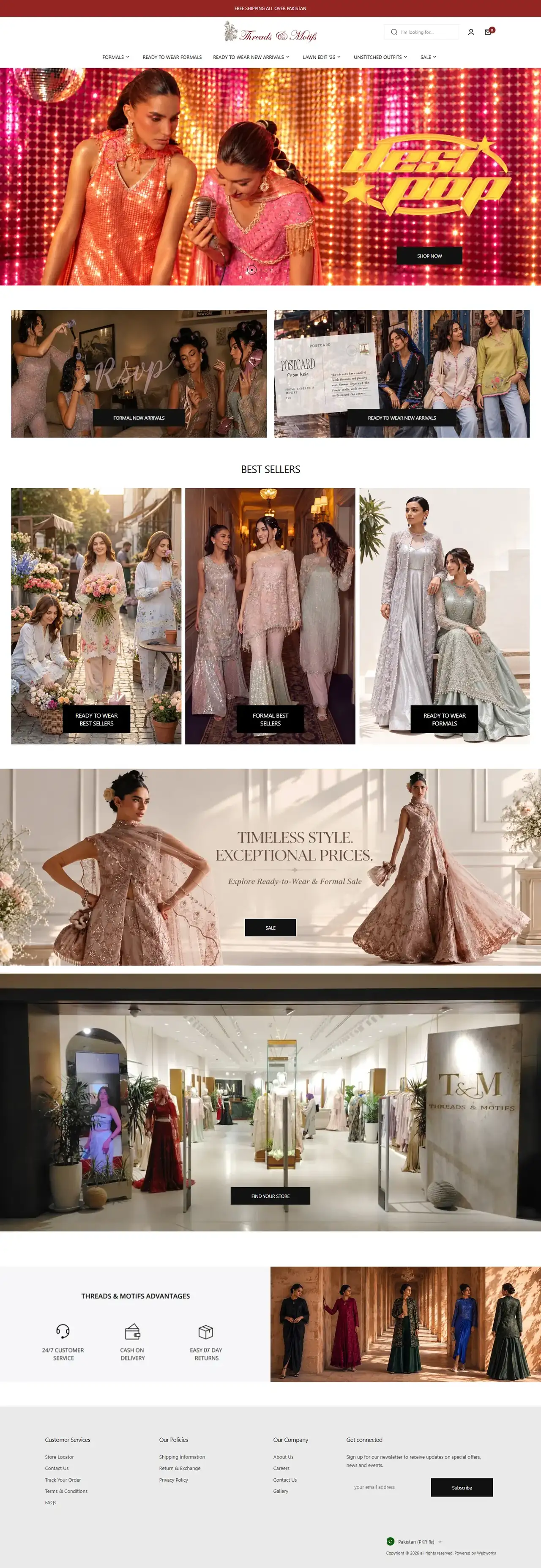 Threads & Motifs full homepage on desktop