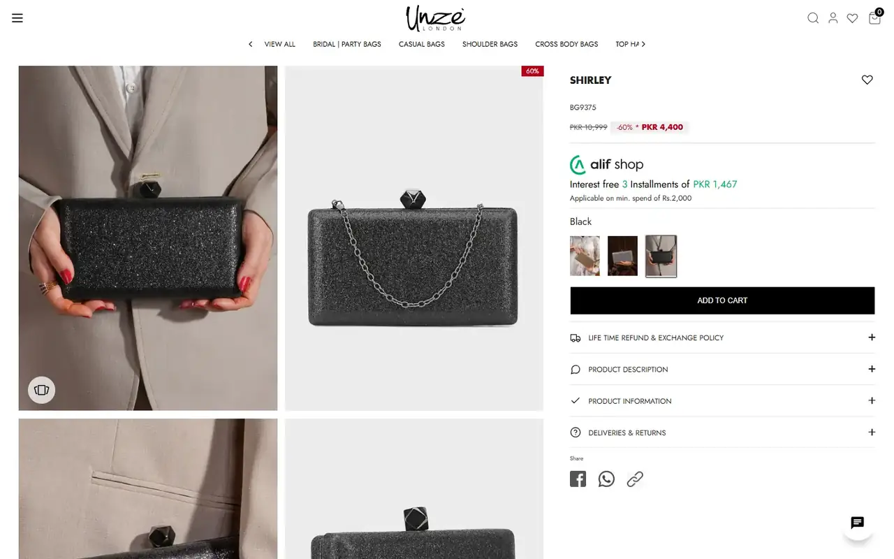 Unze London store, page 3 on desktop