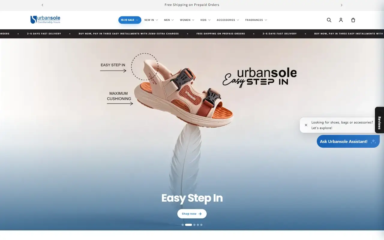 Urbansole store homepage on desktop
