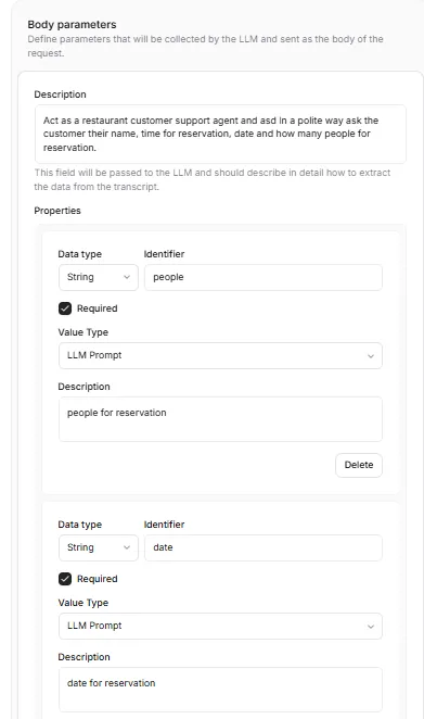 AI voice agent for restaurant table reservations: Body parameters the voice agent collects during the conversation, such as party size and date.