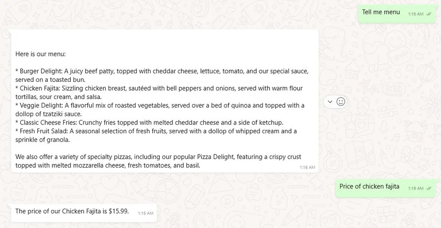 WhatsApp AI assistant for restaurant menu questions: A test chat: the assistant lists the menu and answers a price question (restaurant name covered).
