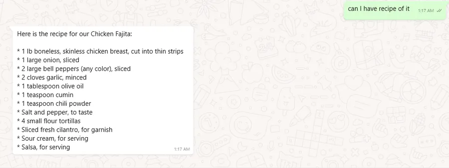 WhatsApp AI assistant for restaurant menu questions: A follow-up in the same test chat, where the assistant answers a question about how the dish is made.
