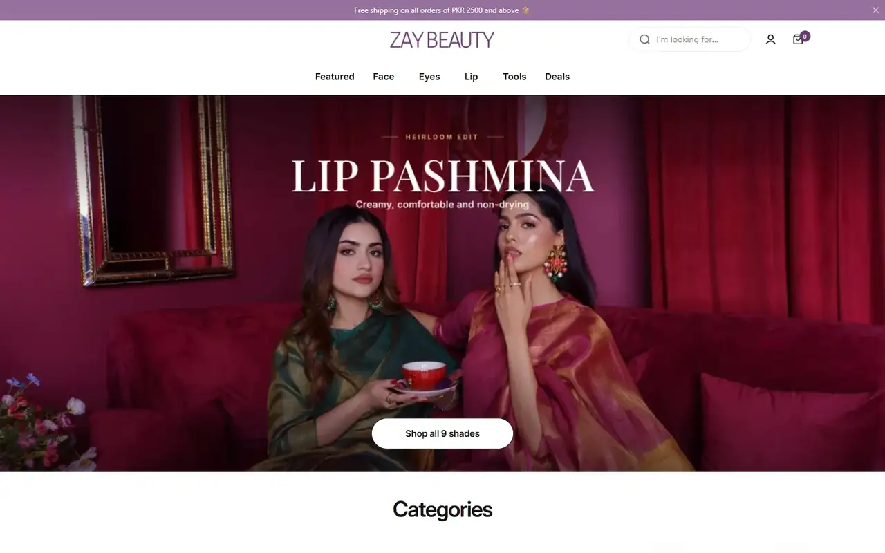 Zay Beauty store homepage on desktop